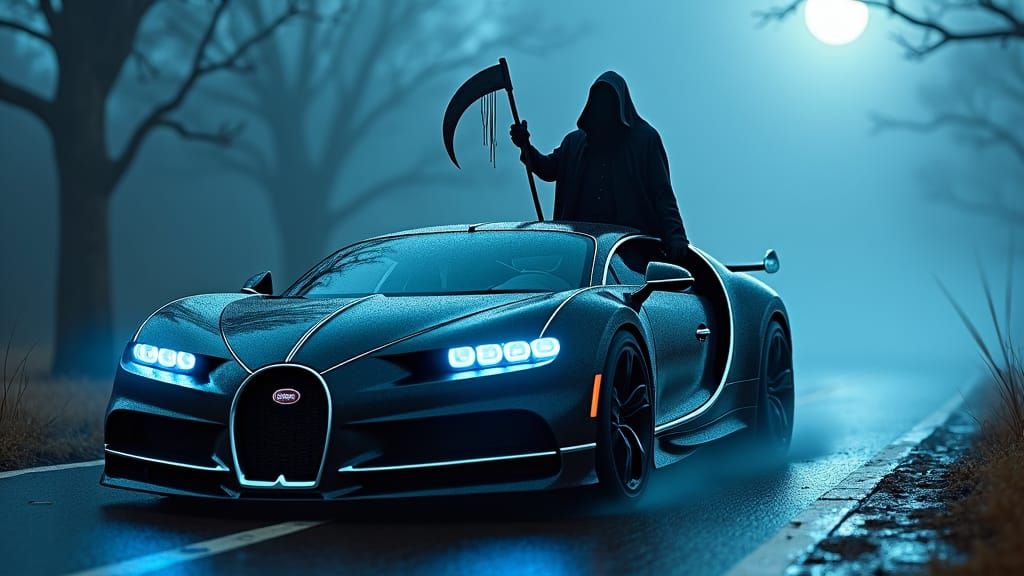 Bugatti Supercar with Grim Reaper in Ethereal Moonlight