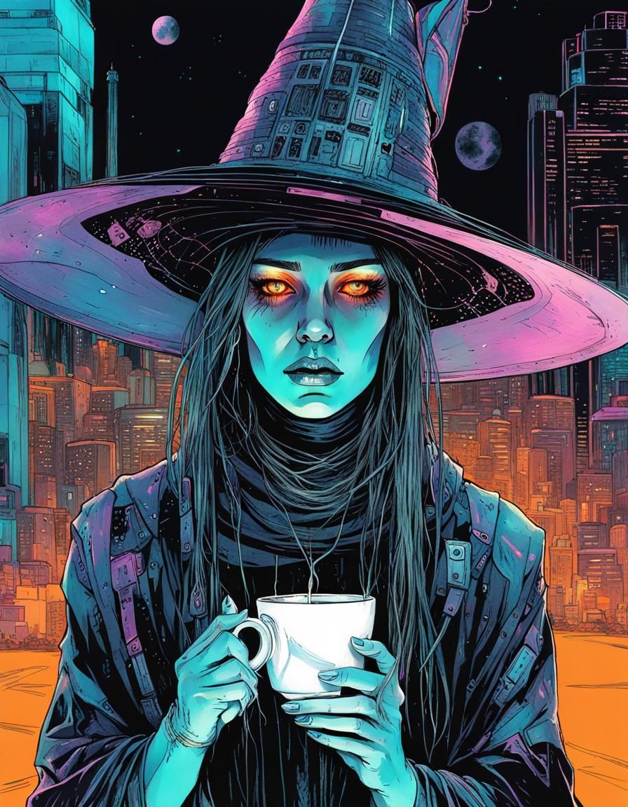 Retro-Futuristic Witch with Migraine in Sci-Fi Hospital