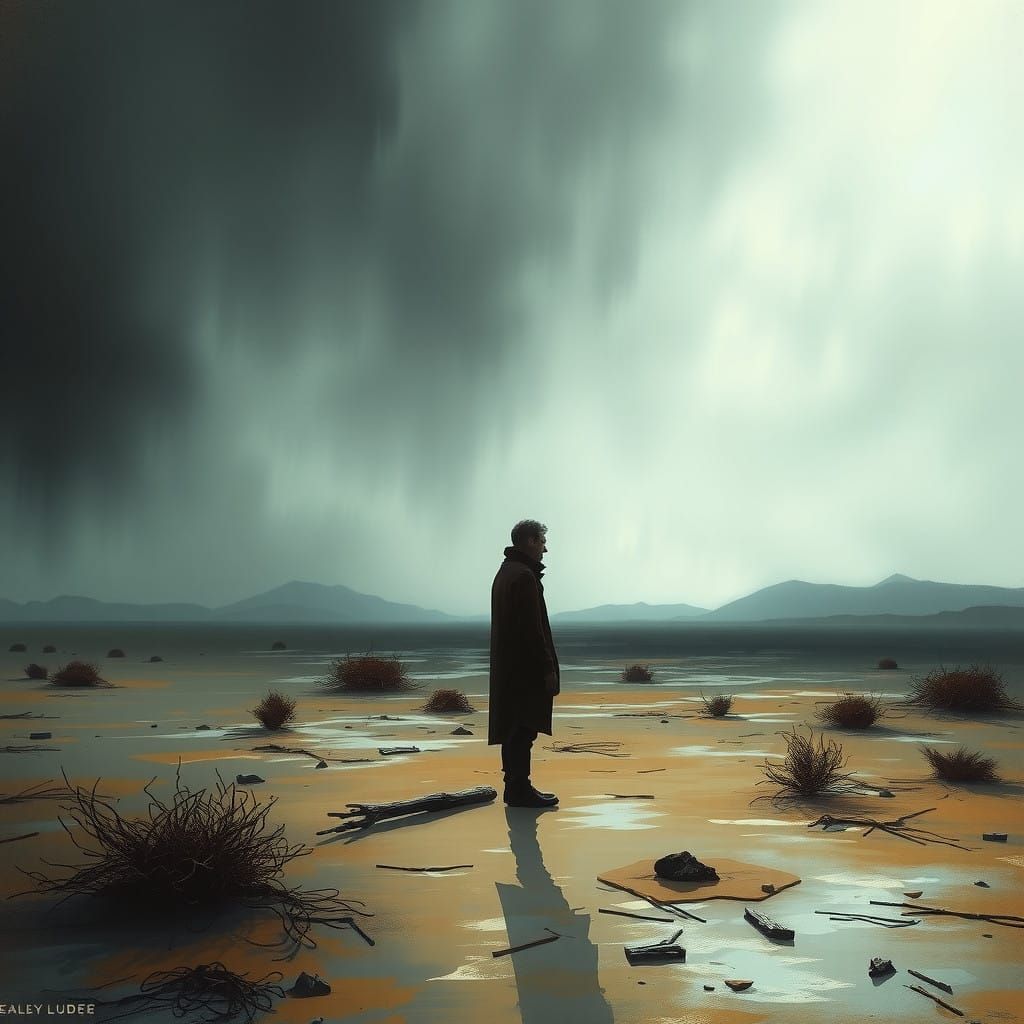 Contemplative Figure in Muted Landscape