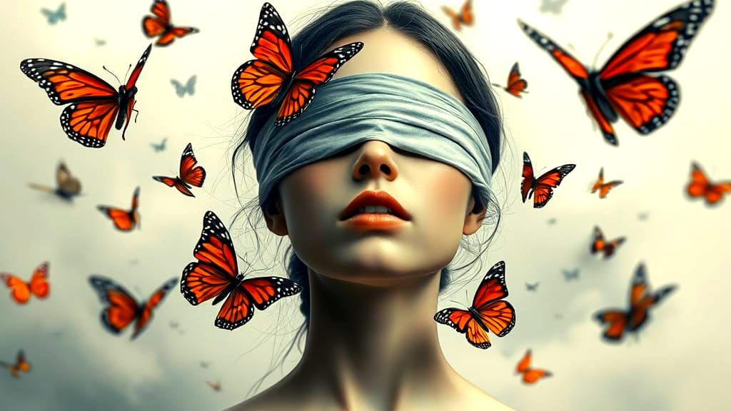 Serene Woman Surrounded by Vibrant Orange Butterflies in a D...