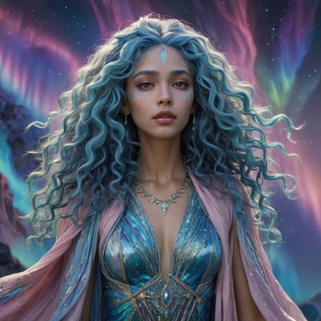 Blue Sirian Woman in Aurora Borealis: Hyperrealistic Art