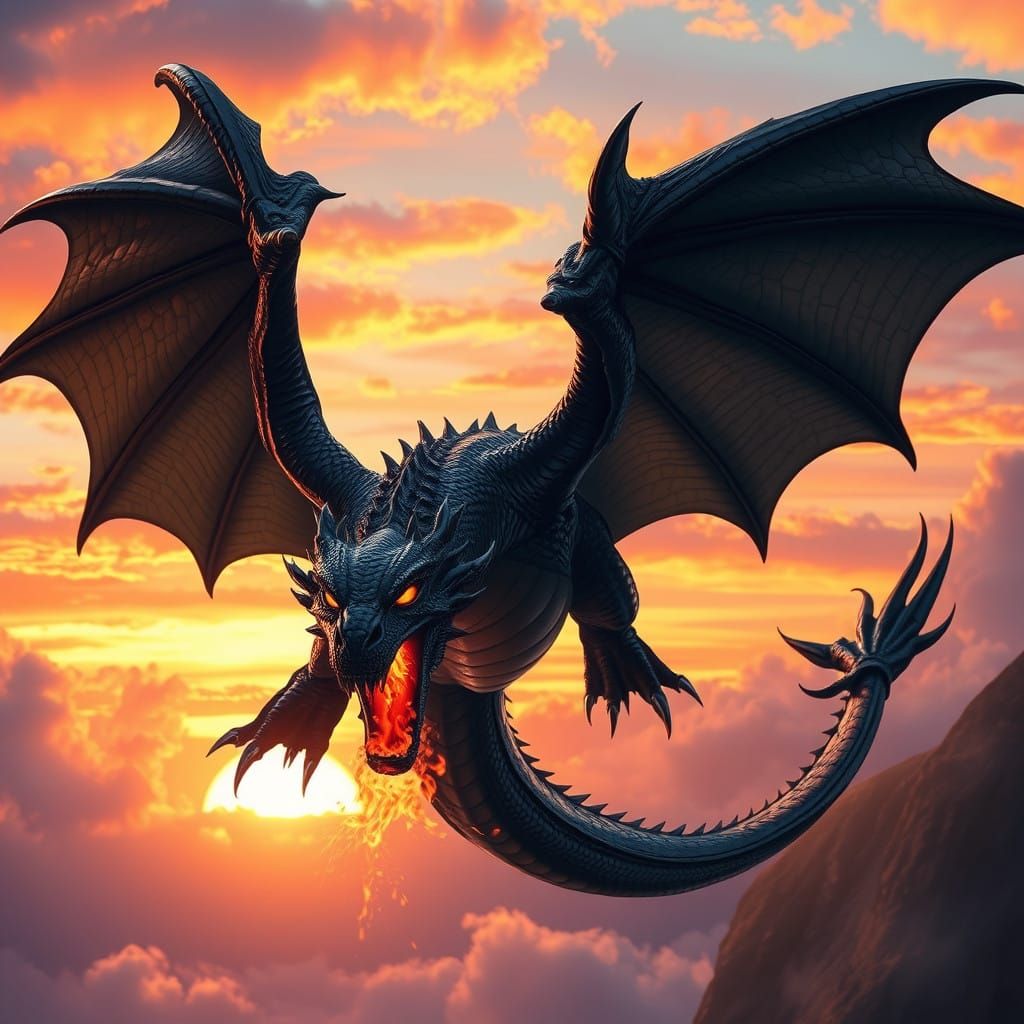 Majestic Black Dragon Soars Towards Sunset, Breathing Fire i...