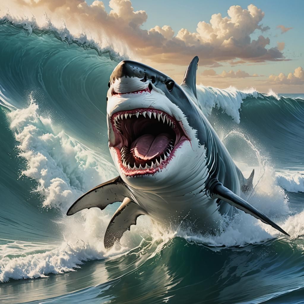 Great White Shark Surfer Girl Poster Art