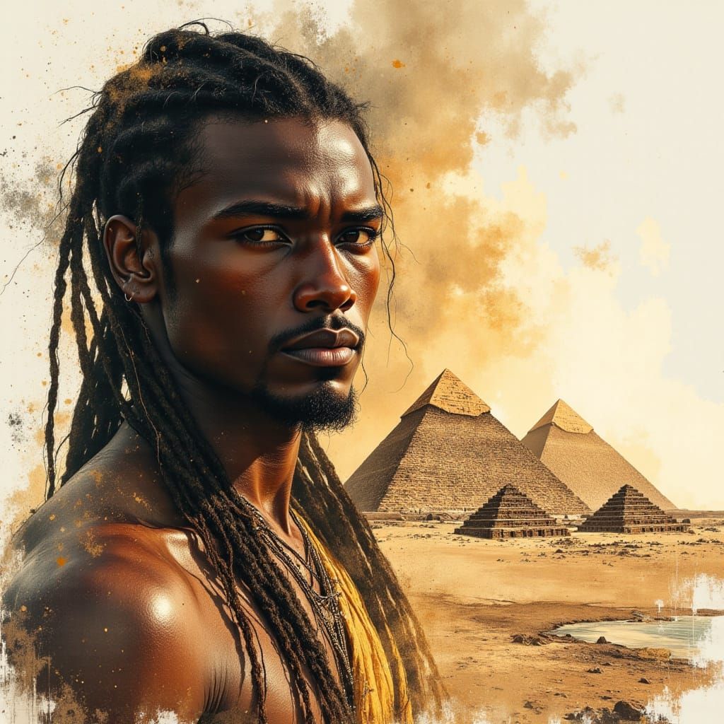 African Egyptian God Merging with Ancient Pyramids