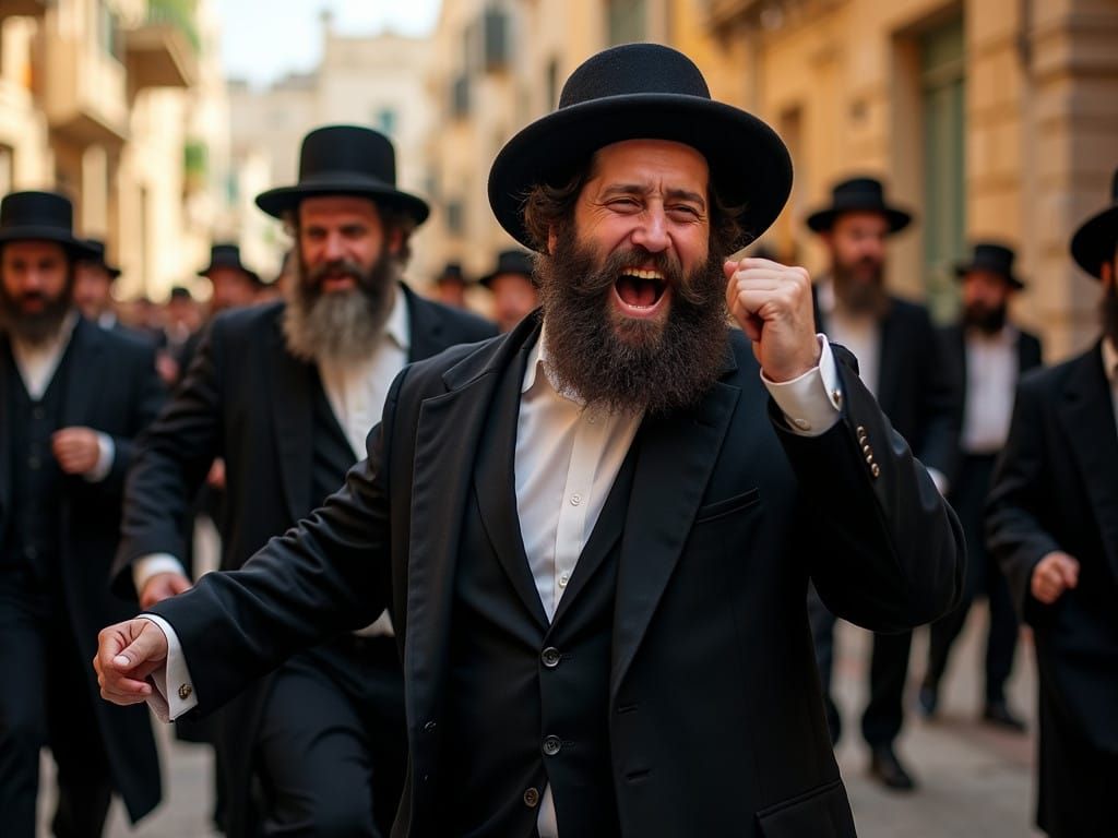 Hasidic Men Dance in Joyful Jerusalem Streets Scene
