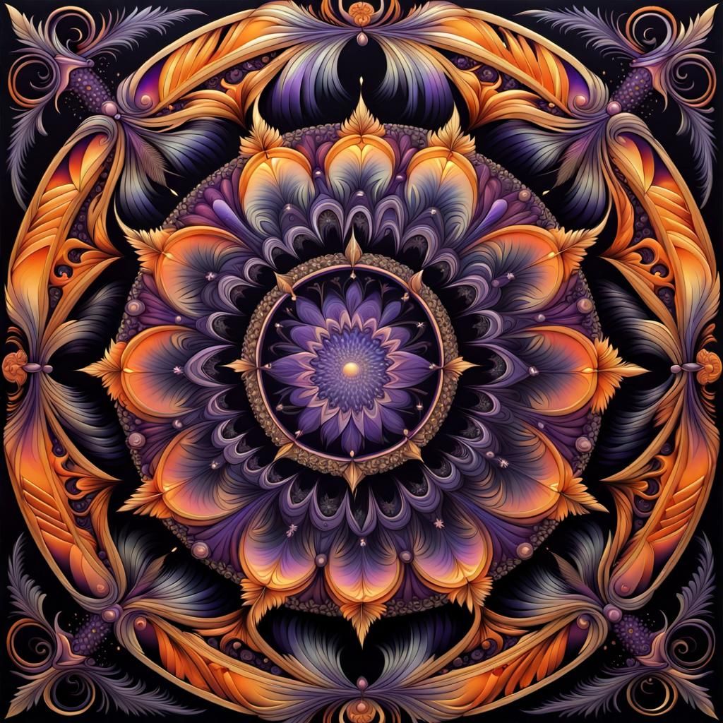 purple and orange mandala with a gothic arch and feather theme