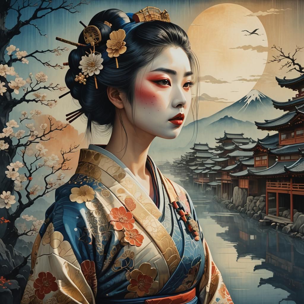 Eerie Geisha Portrait in Ukiyo-e Surrealist Style