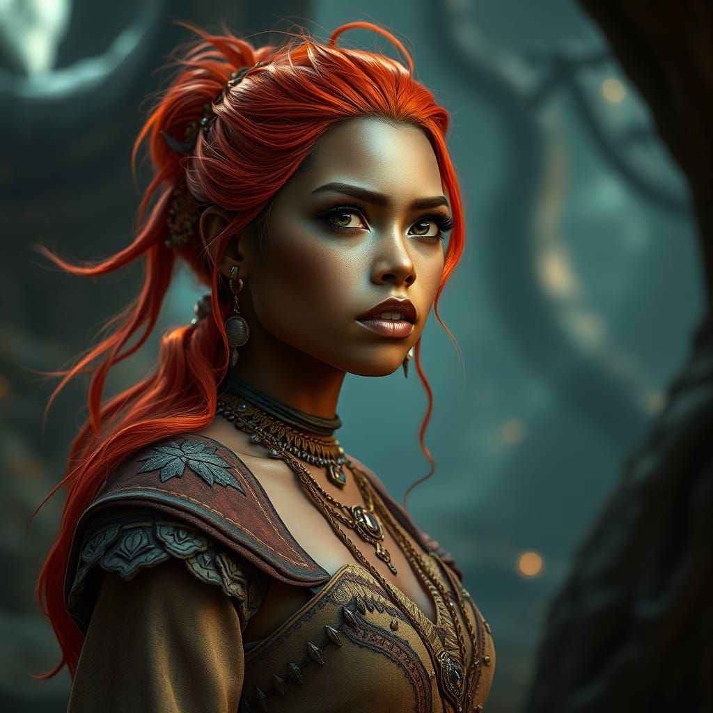 Fantasy Concept Art of Fearful Woman in Earth-Toned Attire