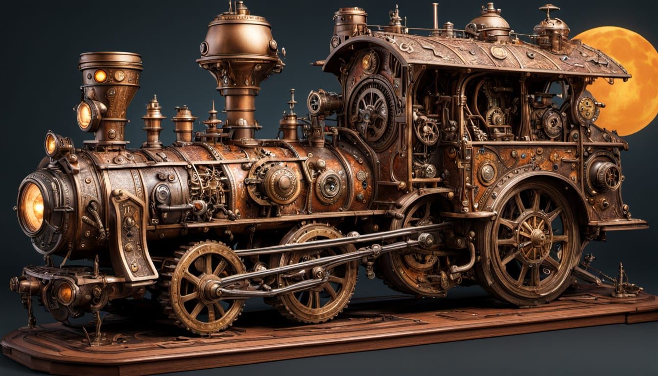 Steampunk Pizza Feast with Whirring Gears and Brass Tones