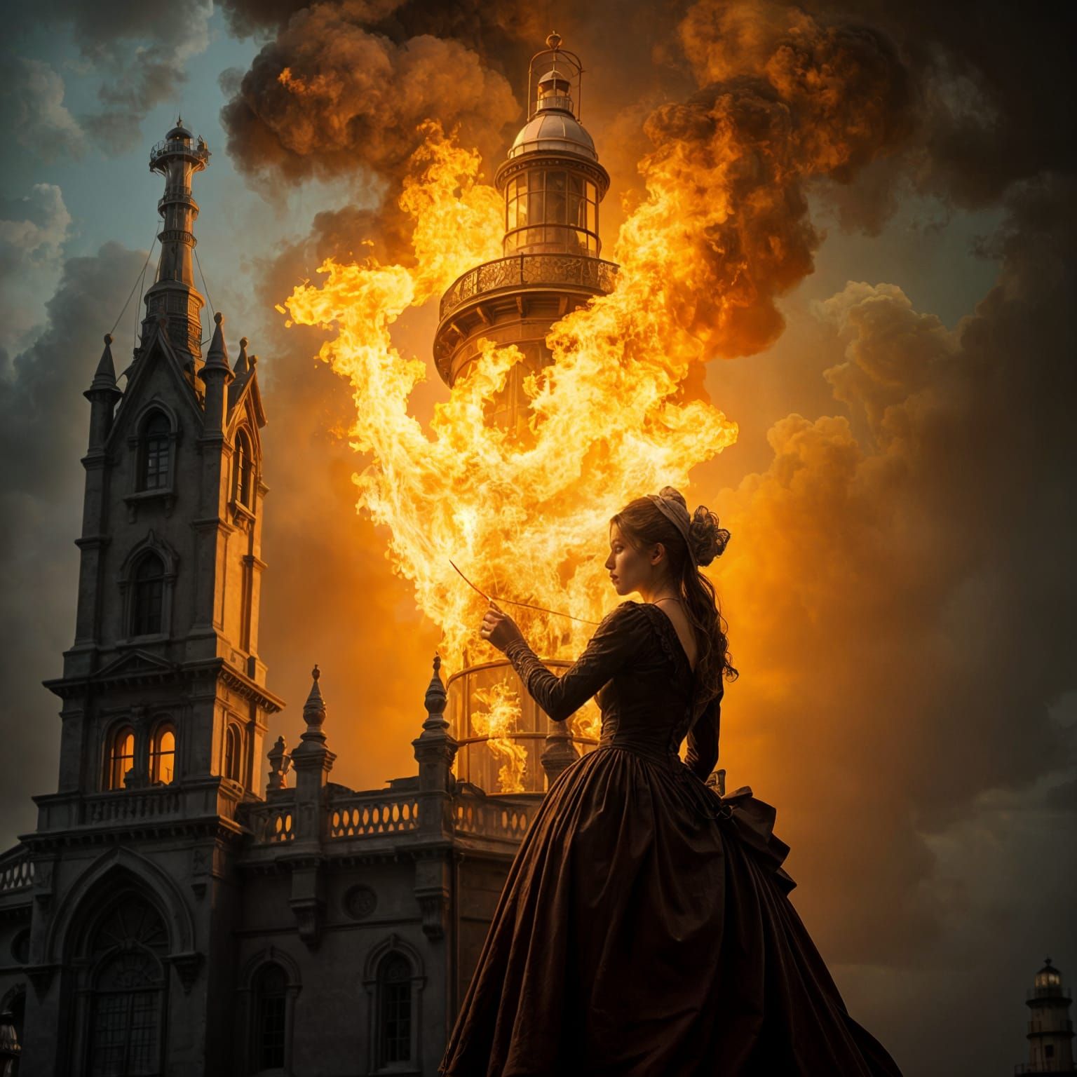 Victorian Woman Sets Fire to Lighthouse in Caravaggio Style