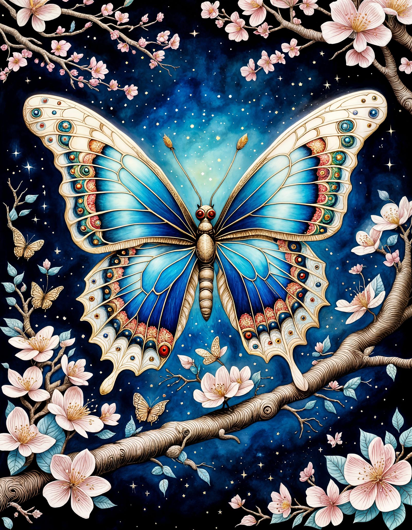 Surreal Sakura Butterfly in Whimsical Folk Art Style