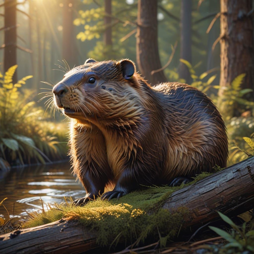 Beaver in Forest: Wildlife Oil Painting