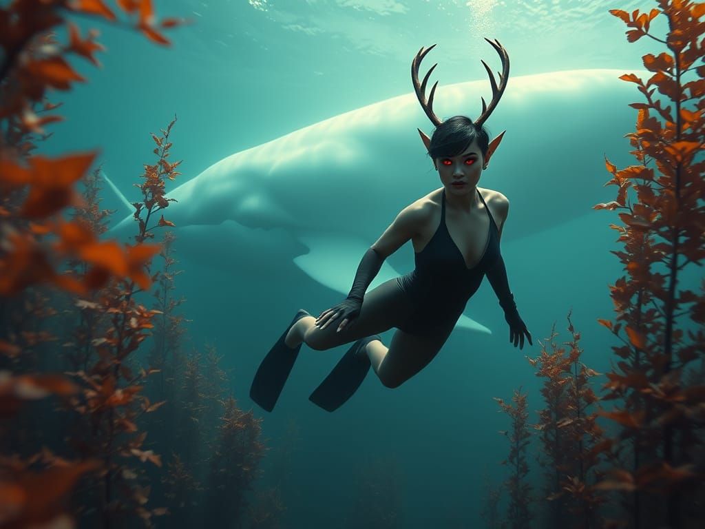 Underwater Woman with Whale in Cinematic Style