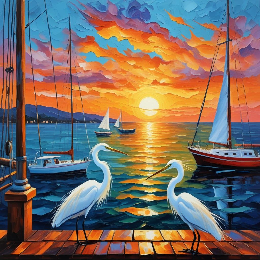 Impressionist Egrets in a Dreamy Sunset Scene