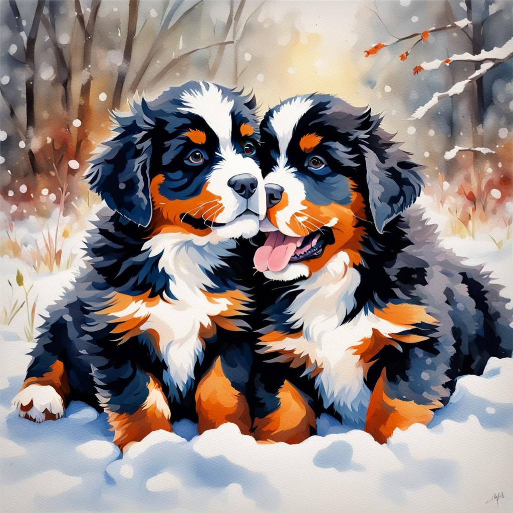 Bernese Mountain Dog Puppies Nuzzling in Gouache Style