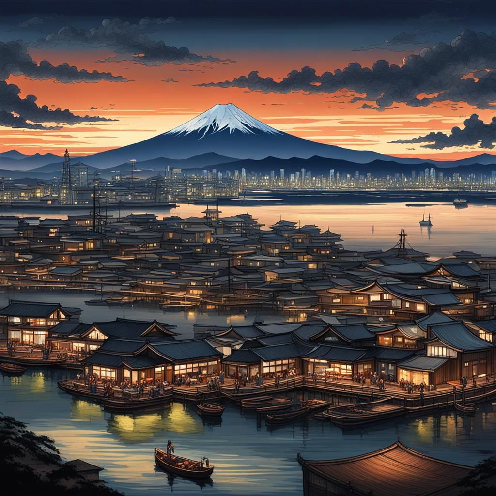 Peaceful Port View with Mount Fuji: Matte Painting