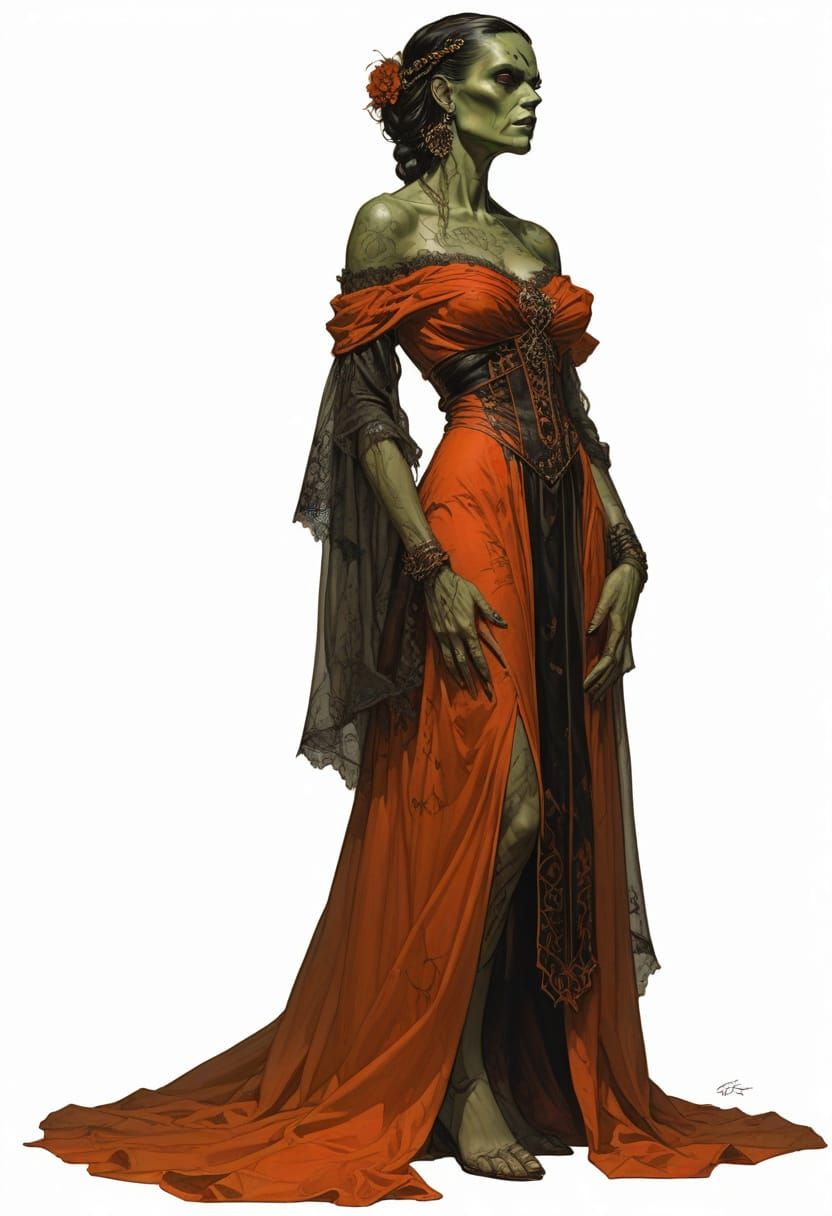 Heroic Gothic Fantasy Lady in Red, Patchwork Monster in Moon...