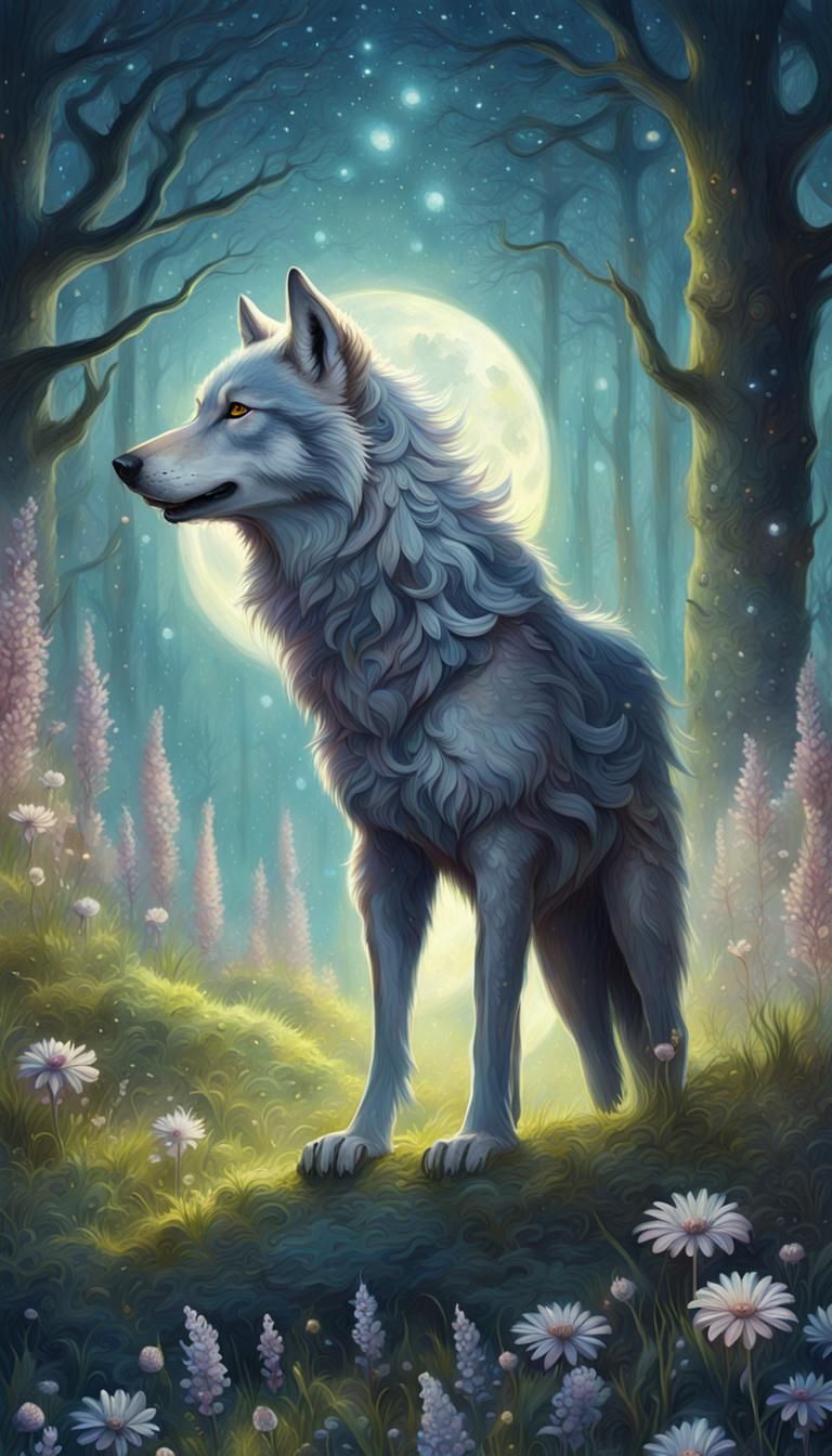 Fantasy Wolf in Moonlit Flower Forest