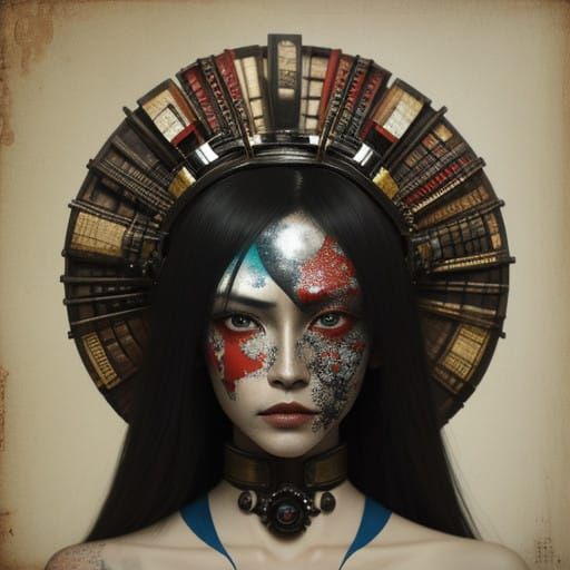 Brooke Shaden, gege akutami. Portrait. kabuki, craquelure, robot, patina, decoupage, Afrofuturism, mixed media collage, ...