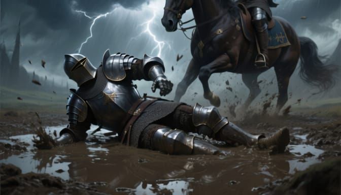 Knight Falls in Muddy Puddle, Fantasy Concept Art