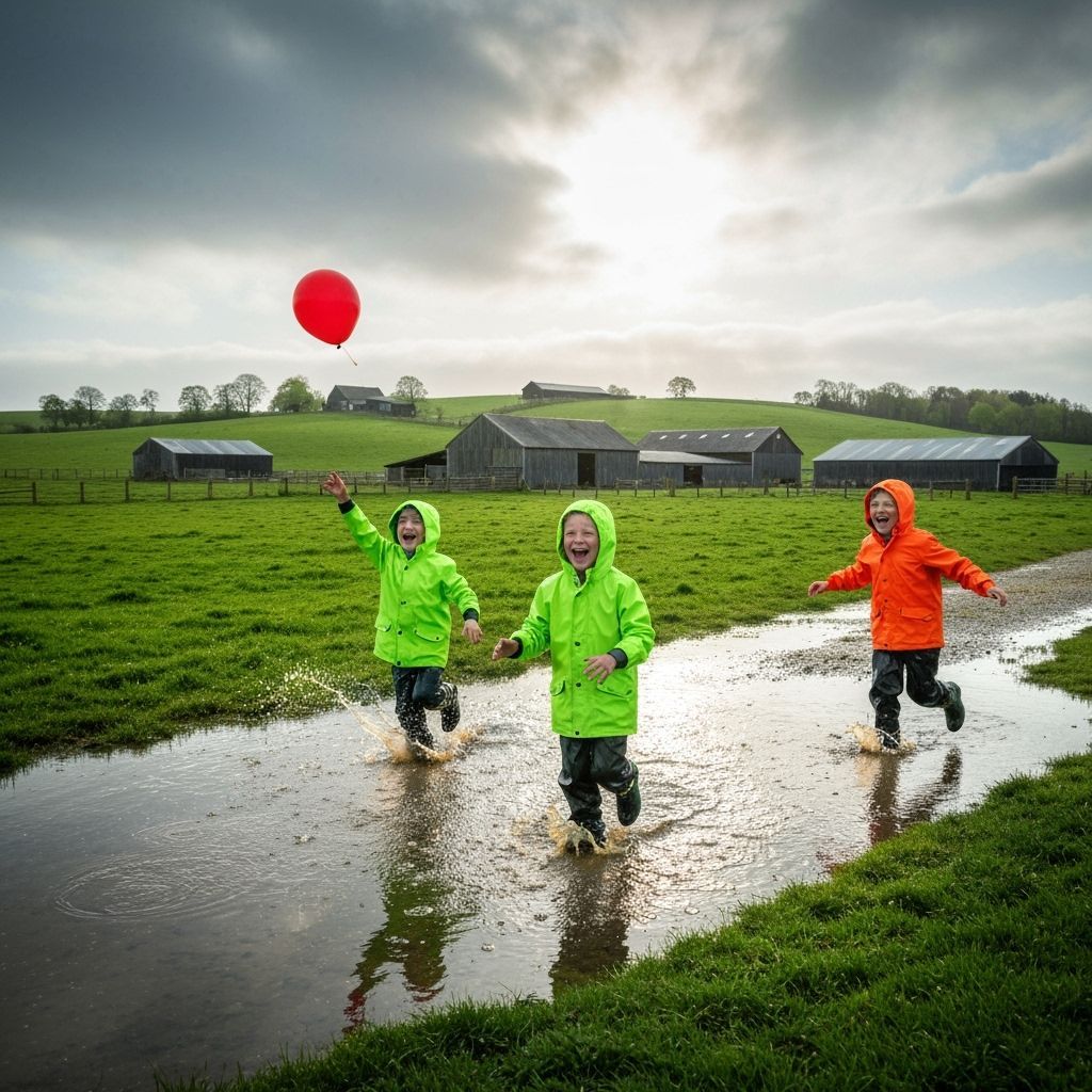 Kids Playing in the Rain on a Farm