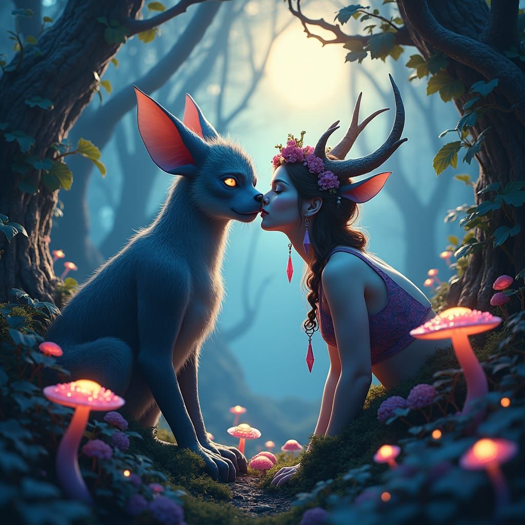 Mythic Kiss in Moonlit Forest: Matte Painting Style