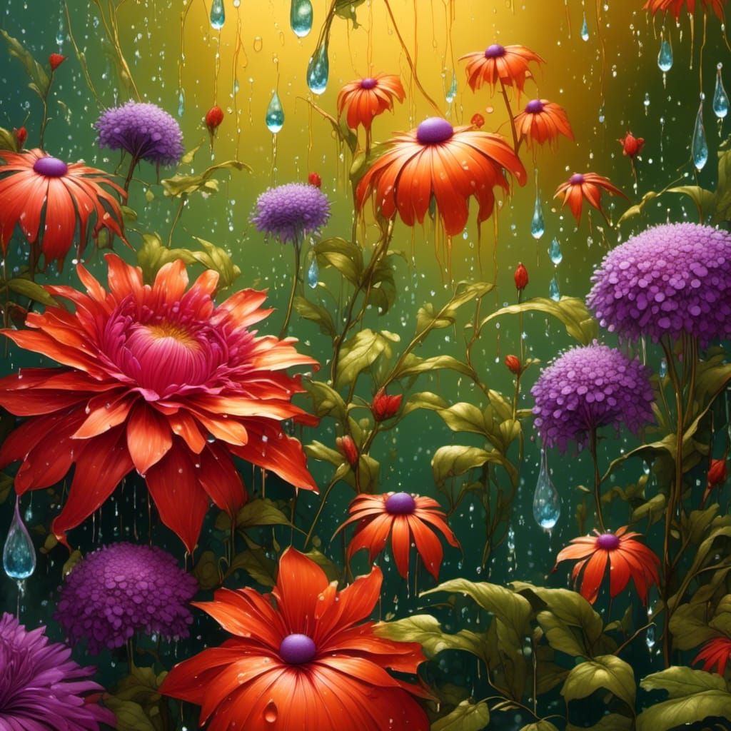 Photorealistic Flowers in Rainy Rousseau-Style Botanical Art