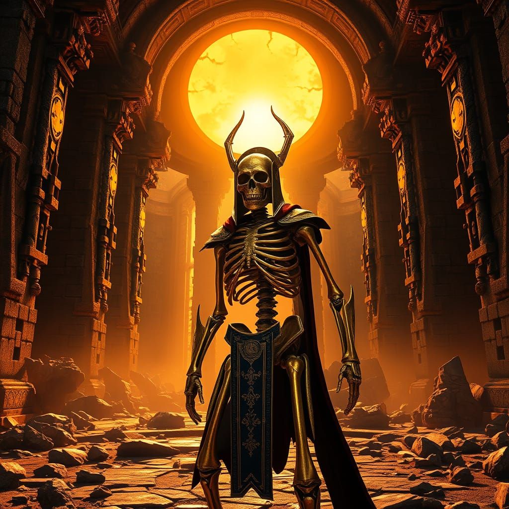 Golden Skeleton Warrior in Ancient Ruined Temple