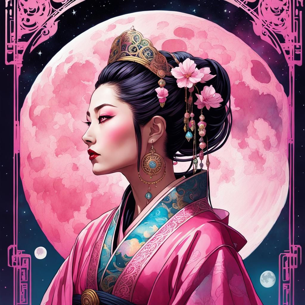 Cyberpunk Queen Gazing at Moon in Watercolor