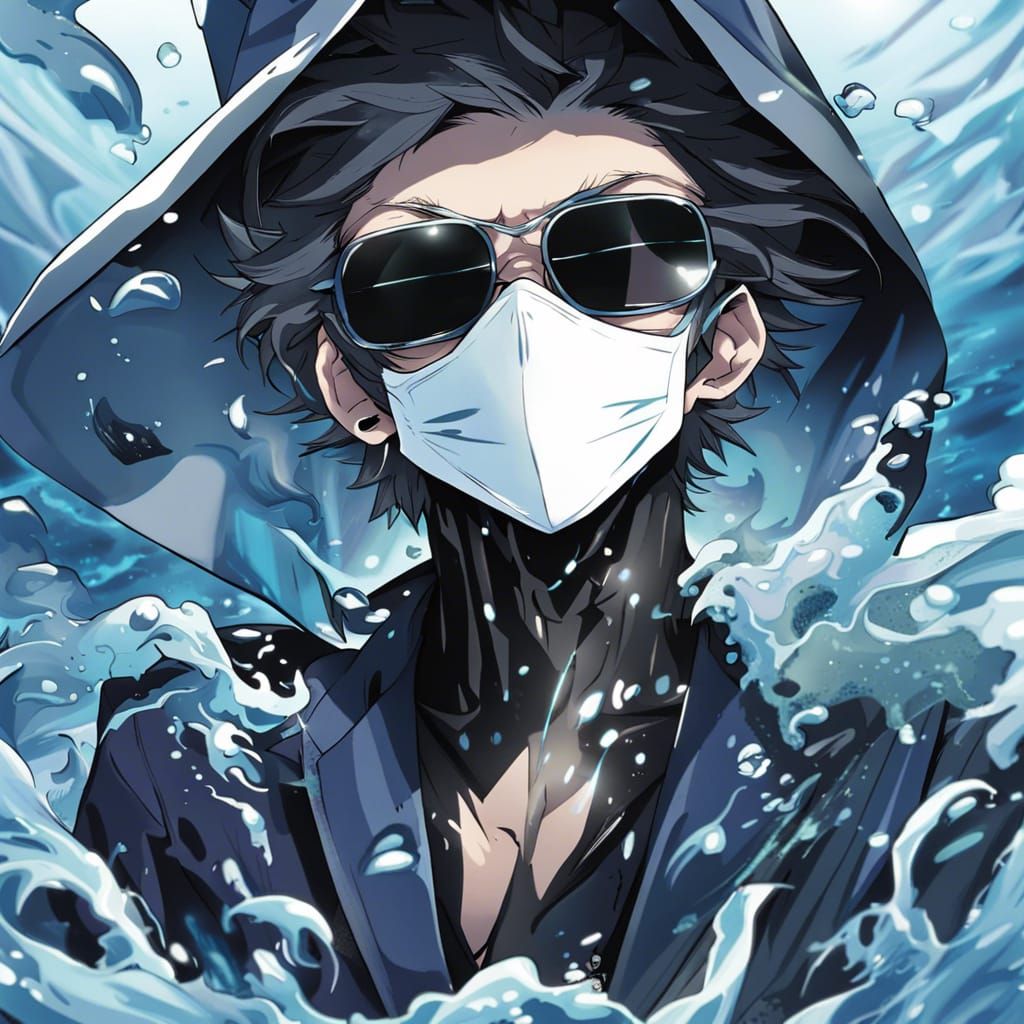 Man in Water Coat with Wave Mask, Anime Style