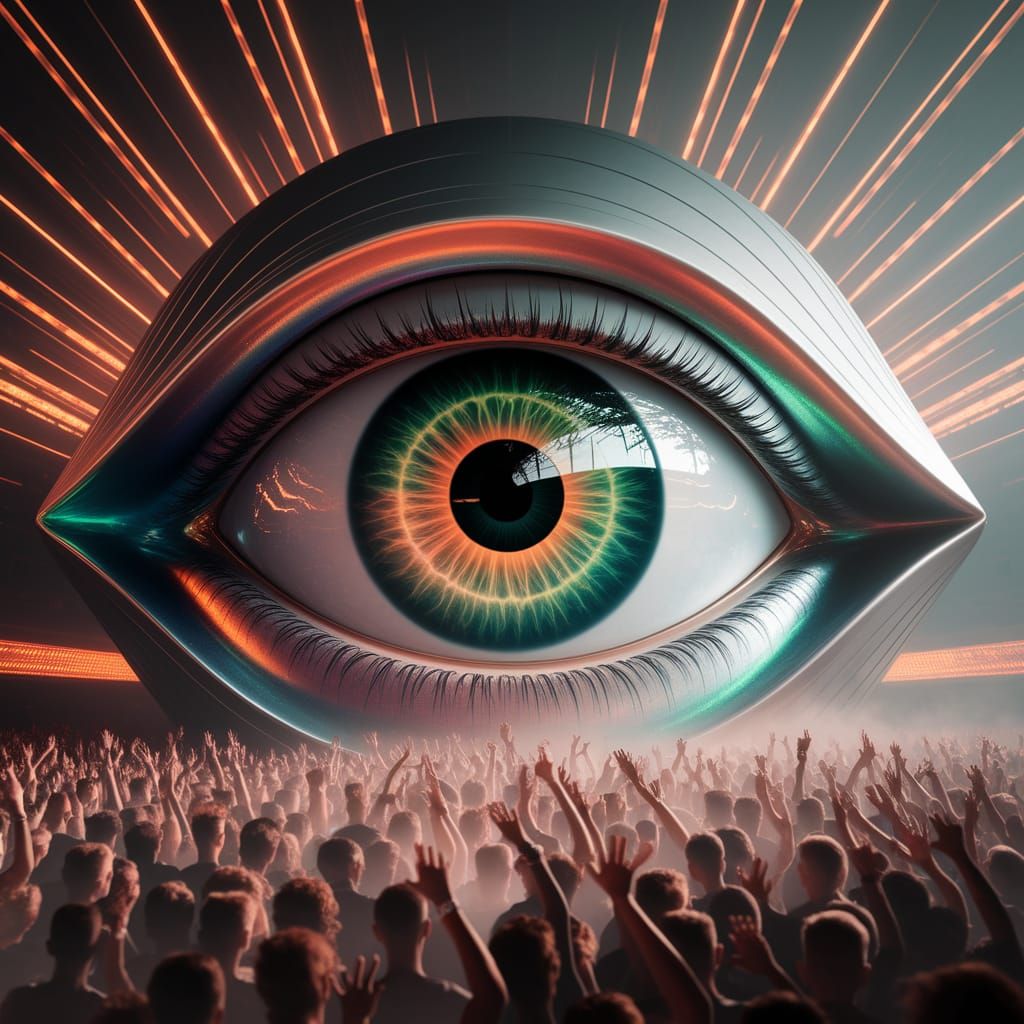 Giant Eye Gazes Over Energetic Dancefloor