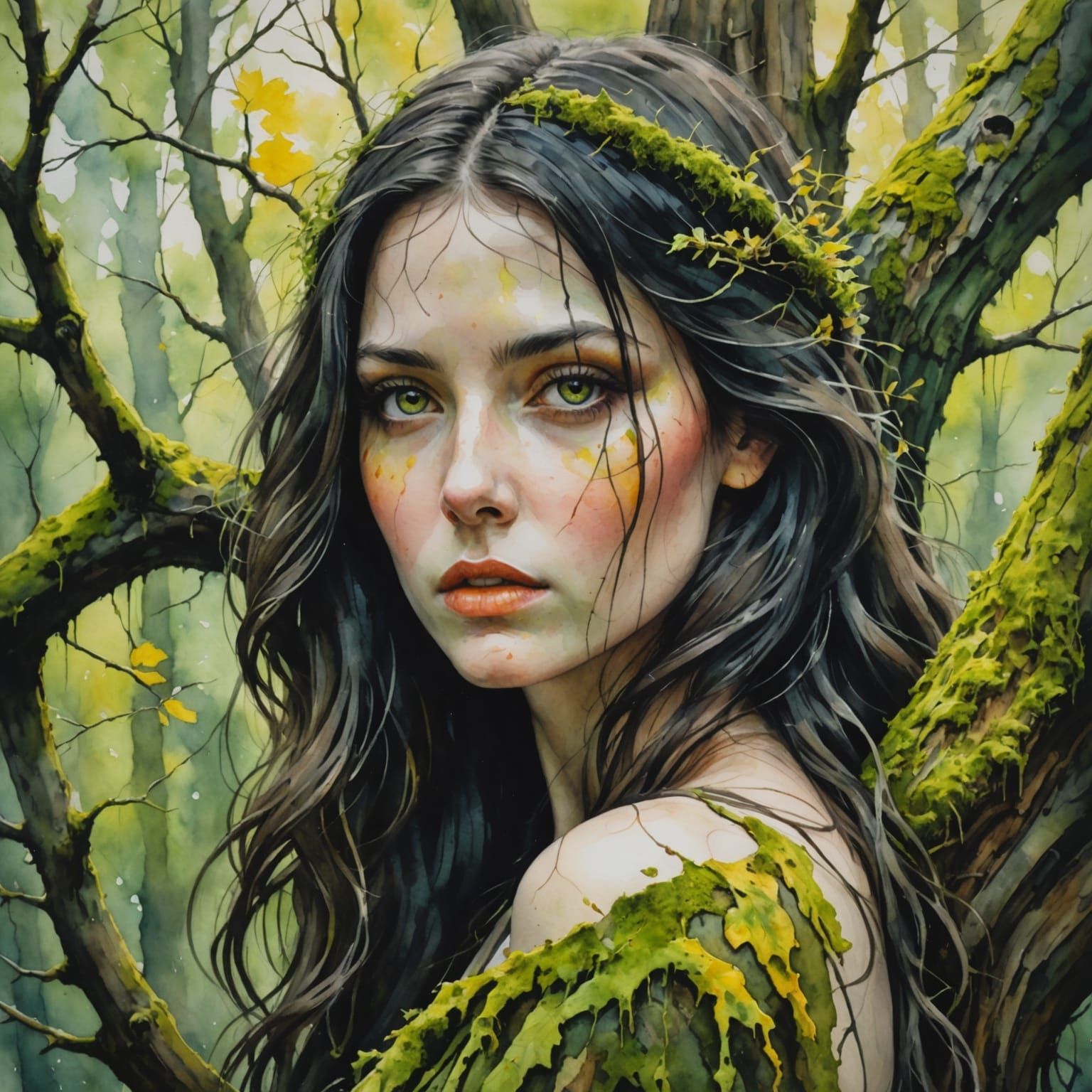 Woman with Moss and Branches in Watercolor Acrylic