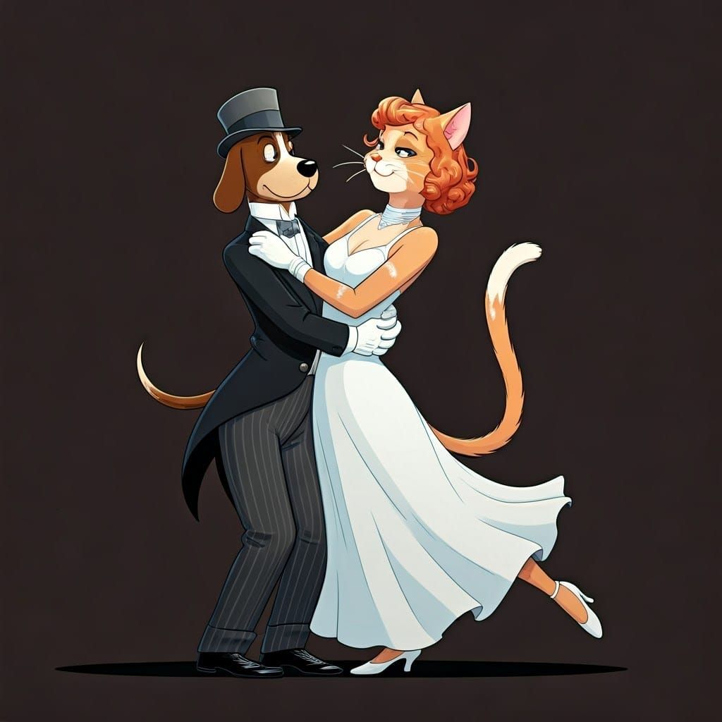 Anthropomorphic dog dressed as Fred Astaire and an anthropomorphic female cat dressed as Ginger Rogers dan...