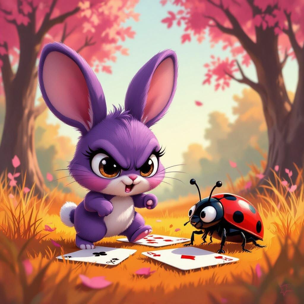 Angry Purple Bunny Stepping on Cards