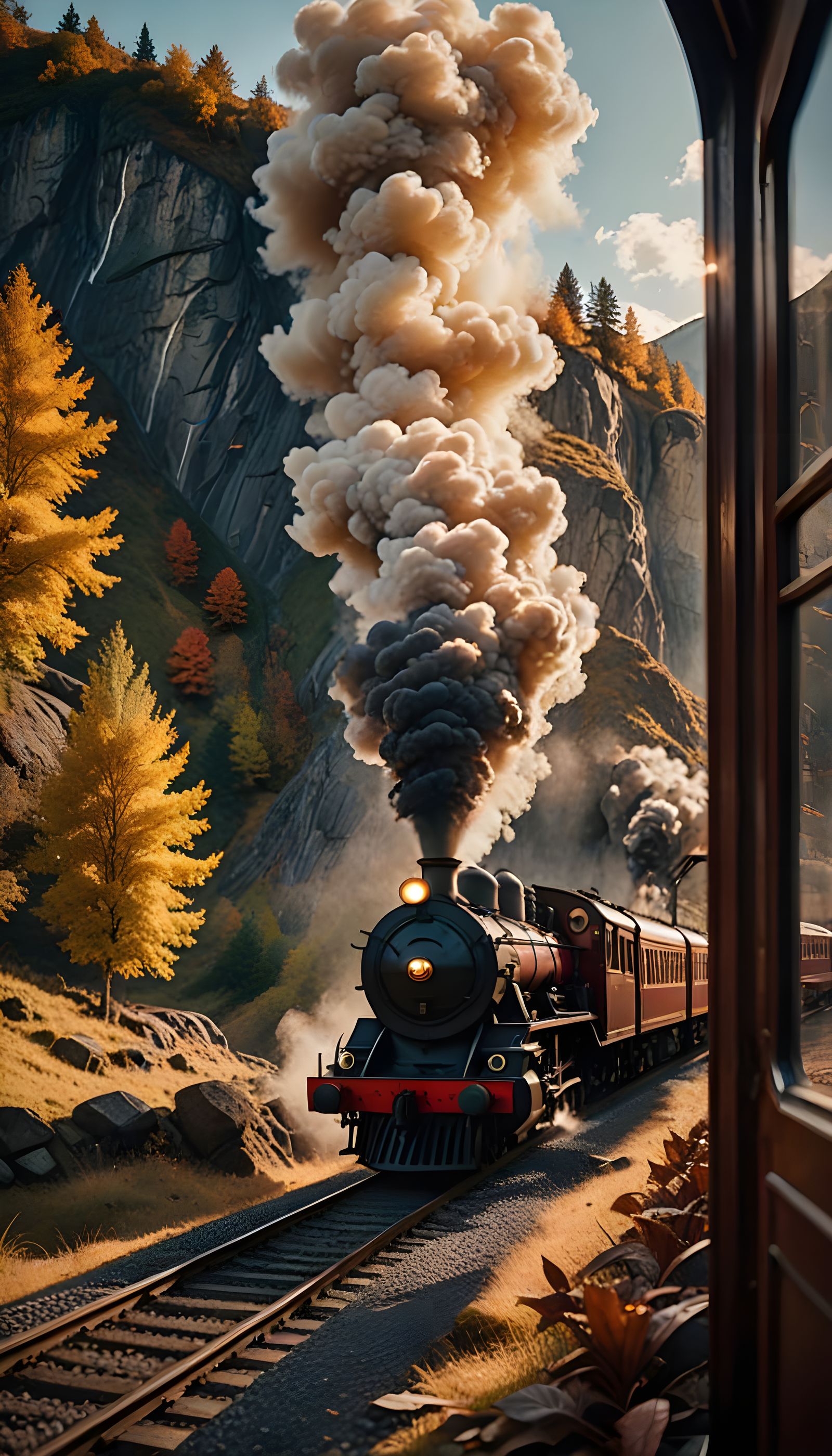 Steam Train Emerging into Modern Study with Waterfall Landsc...