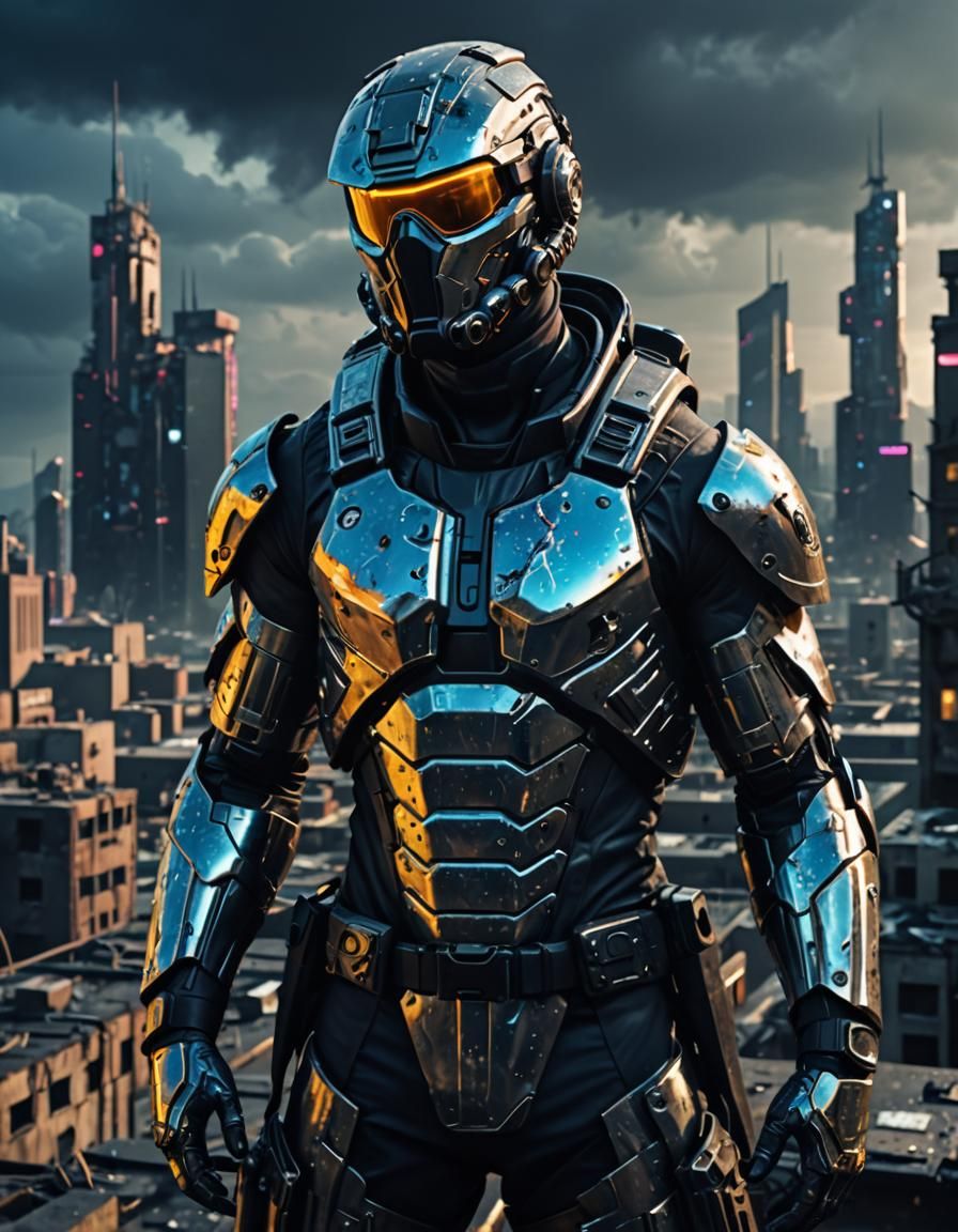 Futuristic Navy Seal in Cyberpunk Cityscape