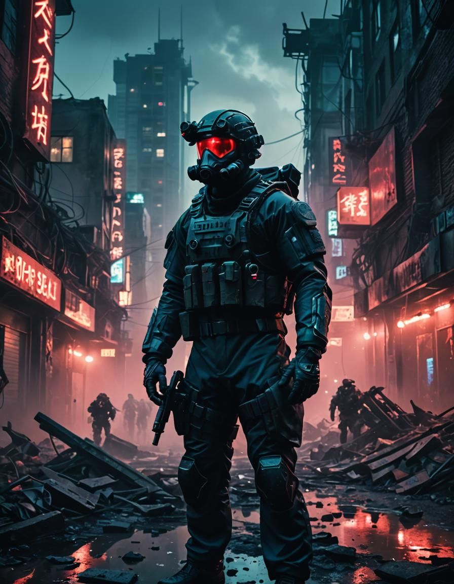 Futuristic Navy Seal in Dystopian Cityscape