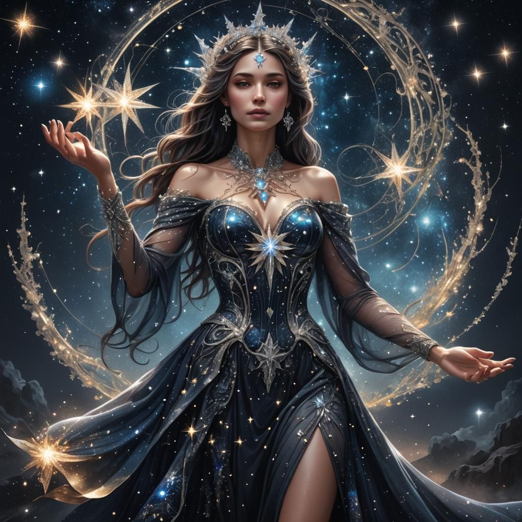 Sparkling Star Goddess in Dramatic Night Sky