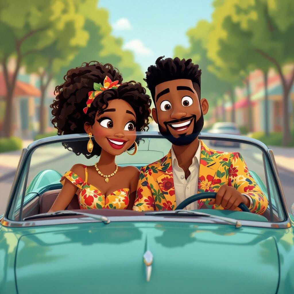 African Couple in Matching Outfits Drive to Mall in Pixar St...