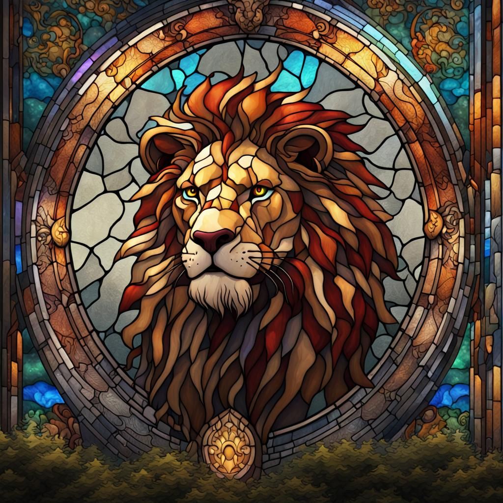 Stained Glass Lion: Detailed Fantasy Art