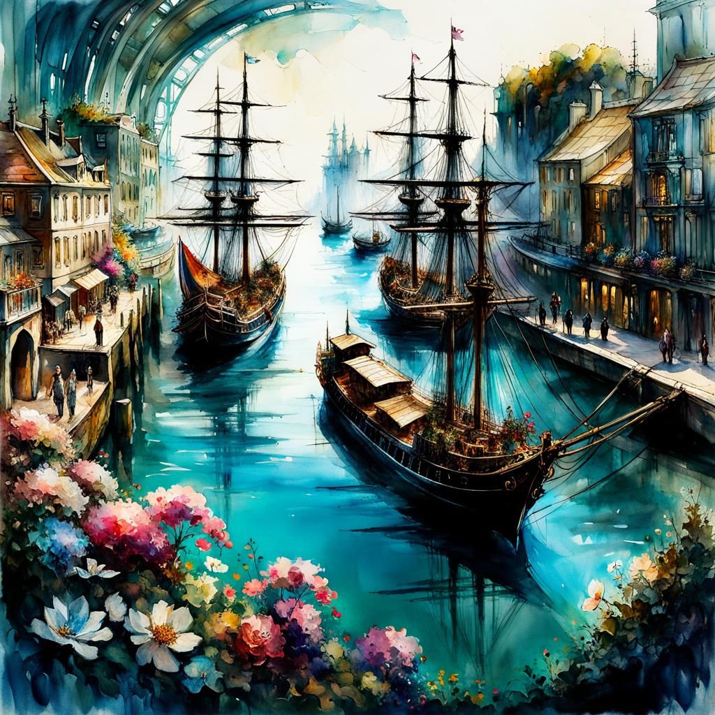 Fantasy Port Scene in Stylized Watercolor Art