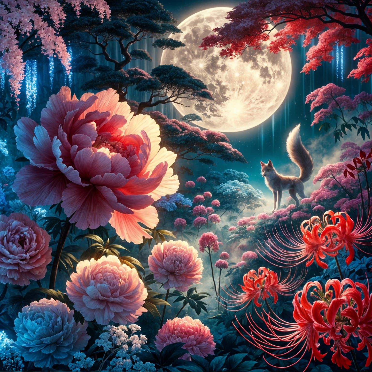 Enchanted Moonlit Garden with Kitsune in Yamato-e Style