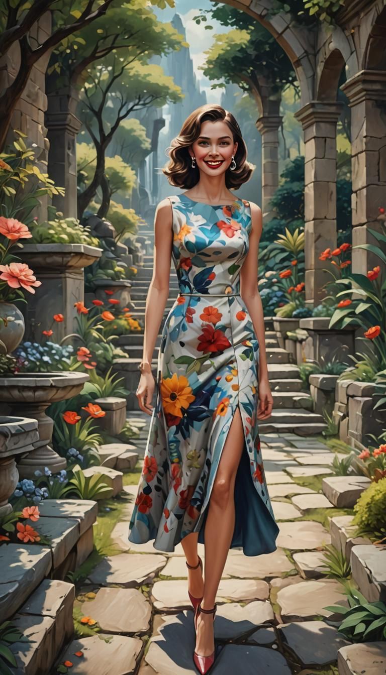 Elegant Woman in Garden, 50s Gouache Style