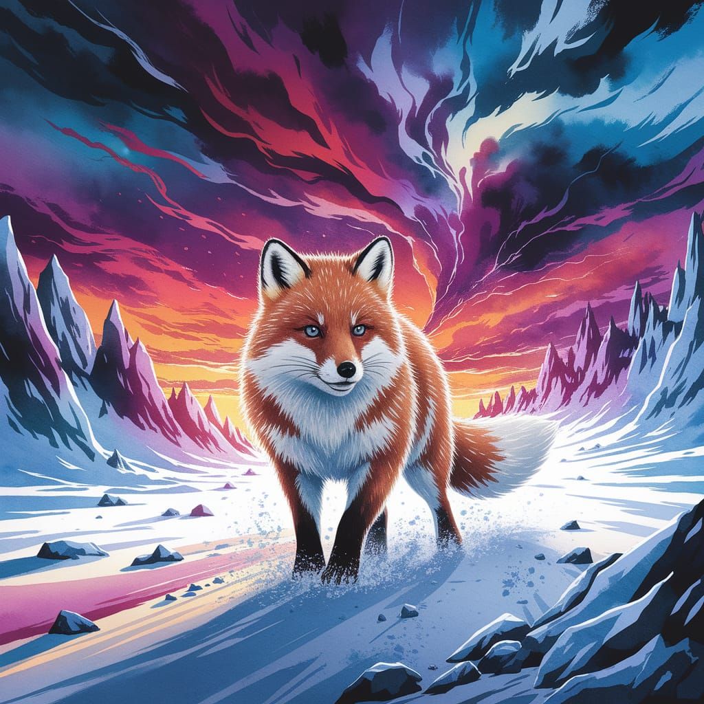 Epic Arctic Fox in Winter Storm Digital Watercolor