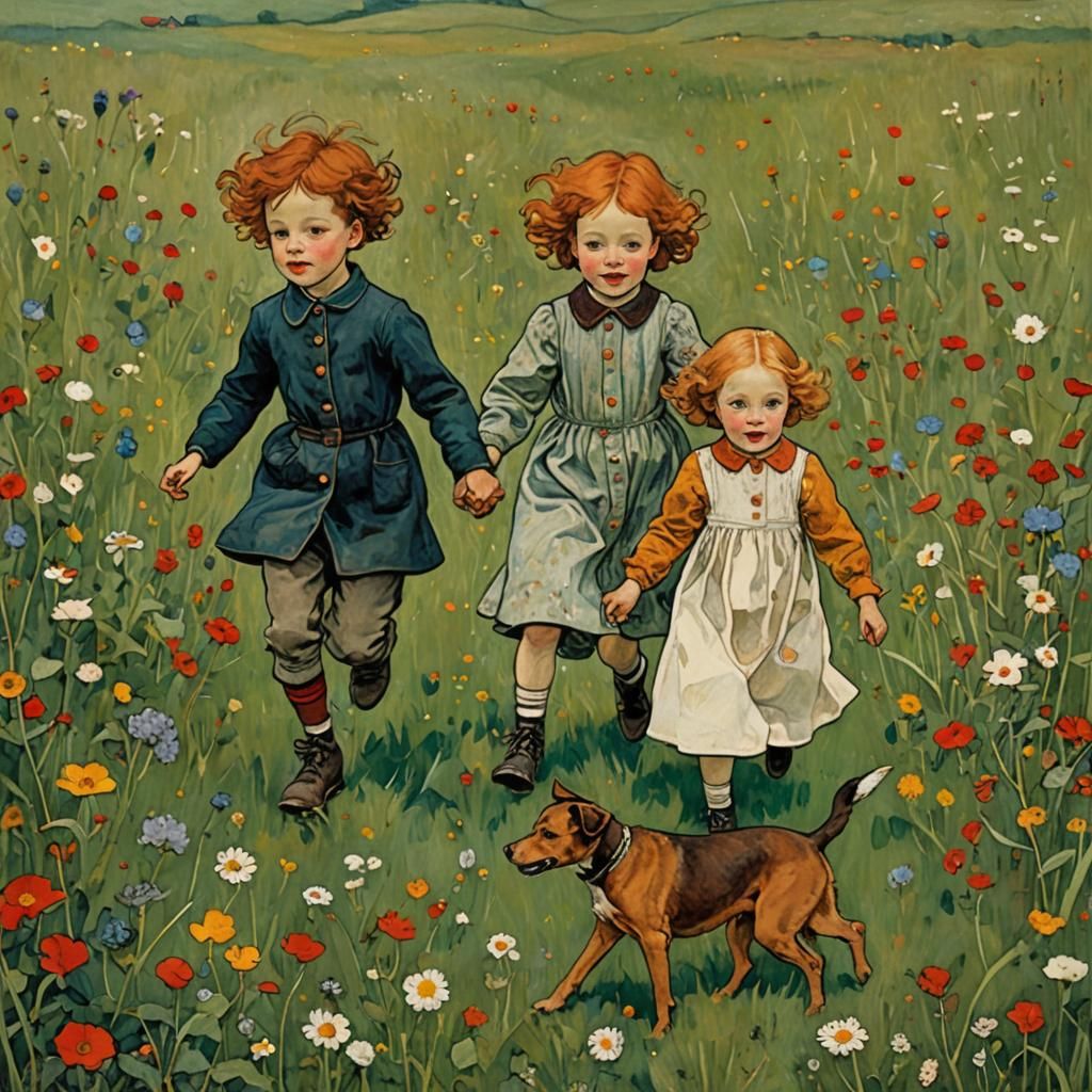 Siblings Playing in Meadow, Expressionist Style