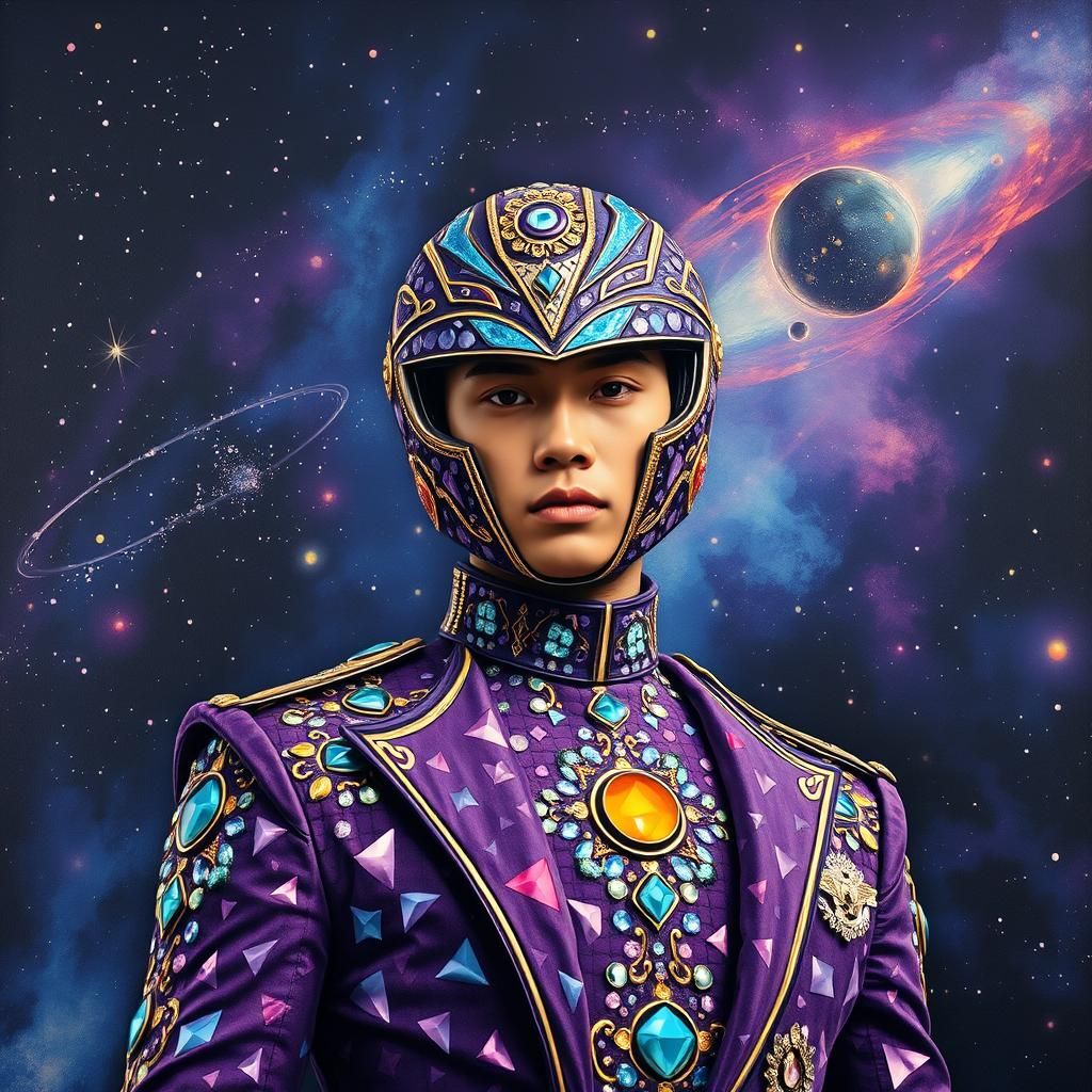 Vietnamese man as the purple gemstone siren power ranger mosaic art