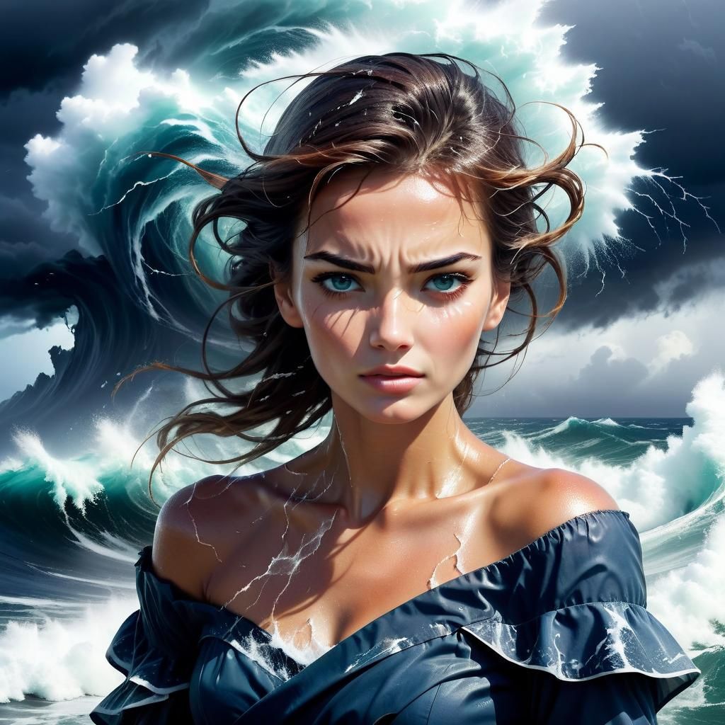Woman and Sea Storm: AI Generated Portrait