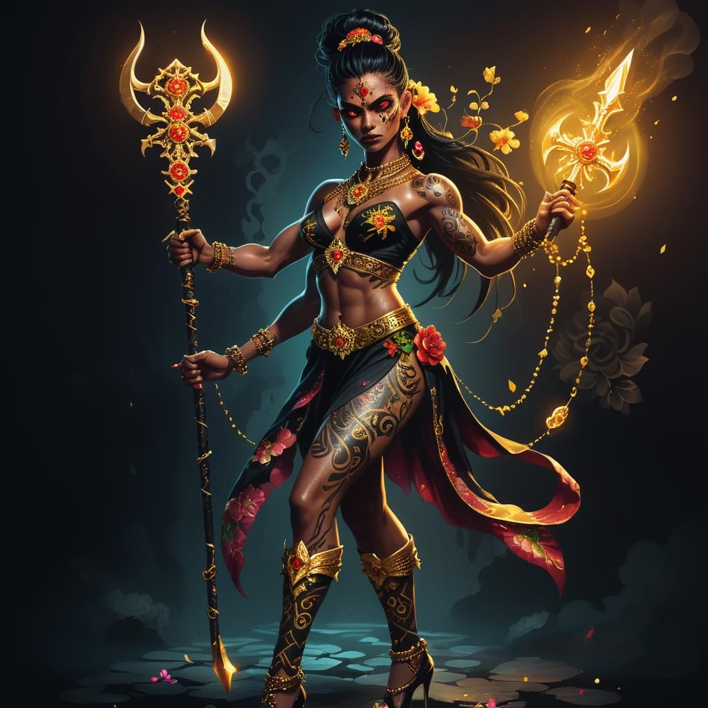 Dark Fantasy Devi Warrior with Chakram, Detailed Illustratio...