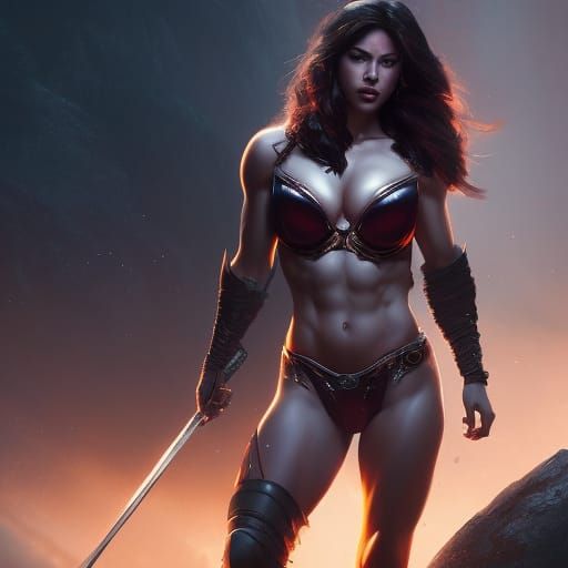 Dark Fantasy Muscular Woman in Dynamic Lighting
