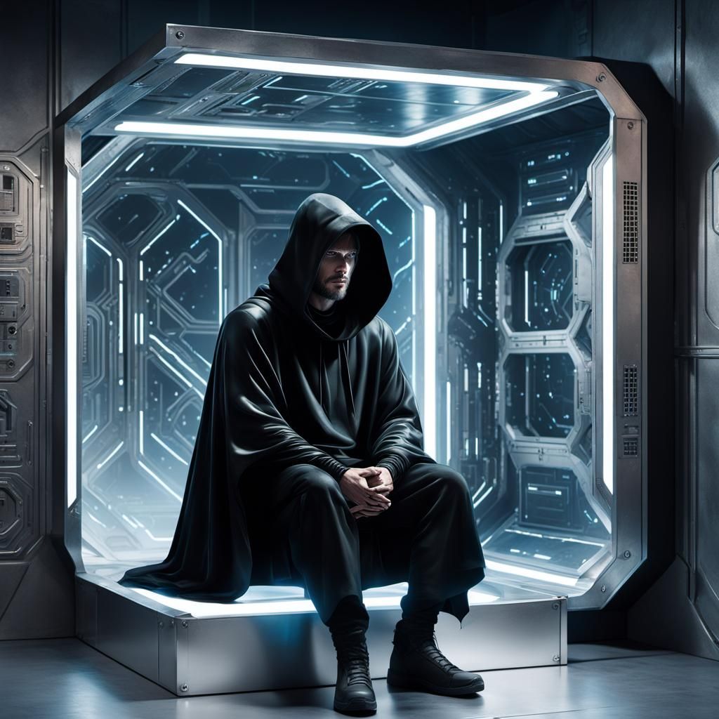 Futuristic Cloaked Figure in Space Station